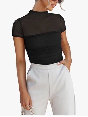 NWT Reoria black Sheer Mock Neck Short Sleeve bodysuit, small